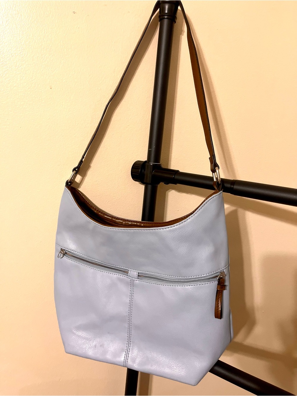 Basic Editions Pale Blue Leather Hobo Shoulder Bag with Brown Trim